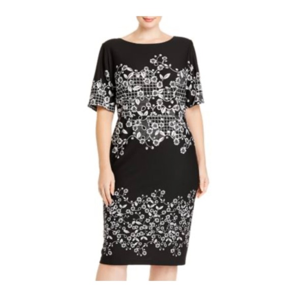 Adrianna Papell Black Floral Trellis Sheath Dress Cocktail Party Career Sz 2 - Picture 1 of 7
